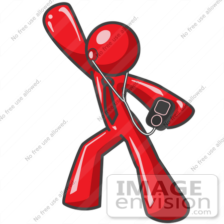 #37393 Clip Art Graphic of a Red Guy Character Listening to MP3 Music by Jester Arts