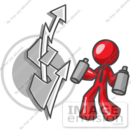 #37403 Clip Art Graphic of a Red Guy Character Spray Painting by Jester Arts
