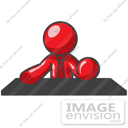 #37404 Clip Art Graphic of a Red Guy Character at a Desk by Jester Arts
