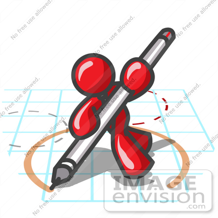 #37405 Clip Art Graphic of a Red Guy Character Drawing a Circle on Graph Paper by Jester Arts