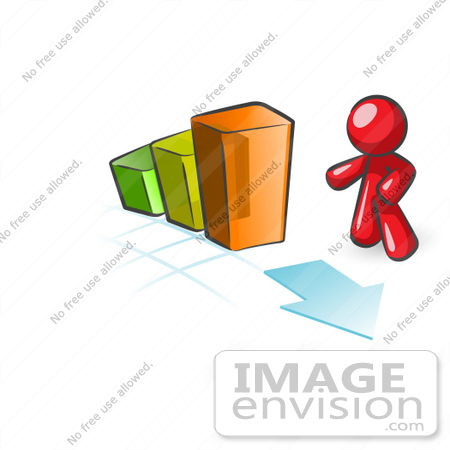 #37410 Clip Art Graphic of a Red Guy Character With a Bar Graph by Jester Arts