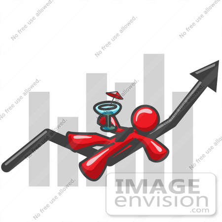 #37412 Clip Art Graphic of a Red Guy Character Drinking a Cocktail on a Bar Graph by Jester Arts