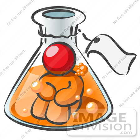 #37414 Clip Art Graphic of a Red Guy Character in a Laboratory Flask by Jester Arts