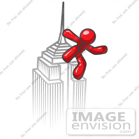 #37415 Clip Art Graphic of a Red Guy Character on a Skyscraper by Jester Arts