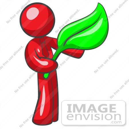 #37416 Clip Art Graphic of a Red Guy Character Holding a Green Leaf by Jester Arts