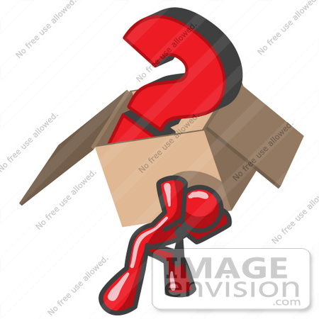 #37418 Clip Art Graphic of a Red Guy Character Carrying a Box of Questions by Jester Arts