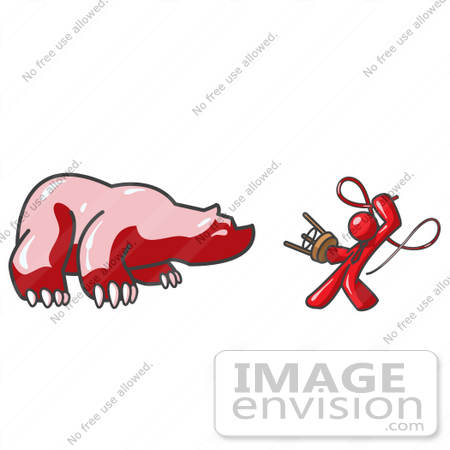 #37419 Clip Art Graphic of a Red Guy Character Taming a Bear by Jester Arts