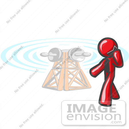 #37420 Clip Art Graphic of a Red Guy Character Talking on a Cell Phone by a Tower by Jester Arts