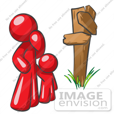 #37422 Clip Art Graphic of a Red Guy Character and Child at a Crossroads by Jester Arts