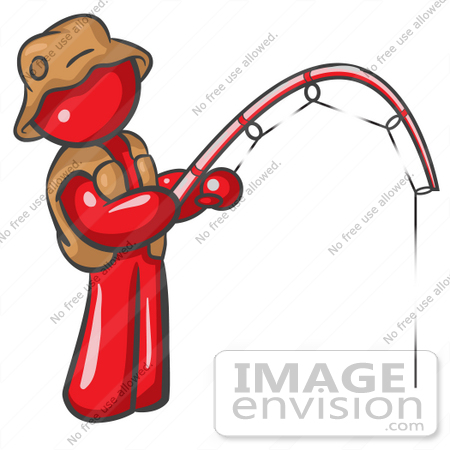 #37423 Clip Art Graphic of a Red Guy Character Fishing by Jester Arts
