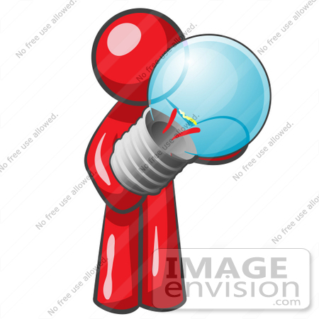 #37424 Clip Art Graphic of a Red Guy Character Holding a Light Bulb by Jester Arts