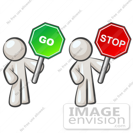 #37431 Clip Art Graphic of White Guy Characters Holding Stop and Go Signs by Jester Arts
