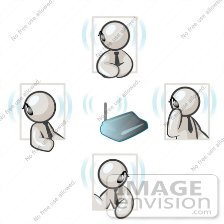 #37447 Clip Art Graphic of White Guy Characters Holding a Phone Conference With Bluetooth Headsets by Jester Arts