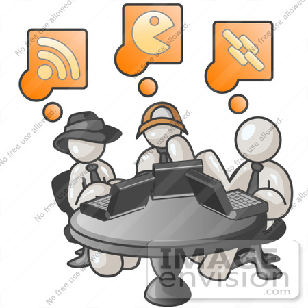 #37449 Clip Art Graphic of White Guy Characters Using Laptops in an Internet Cafe by Jester Arts