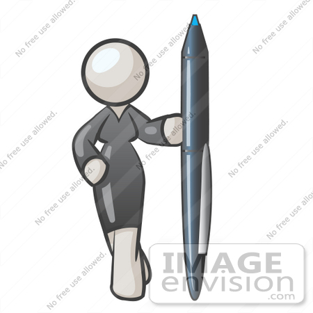 #37454 Clip Art Graphic of a White Lady Character Standing With a Pen by Jester Arts