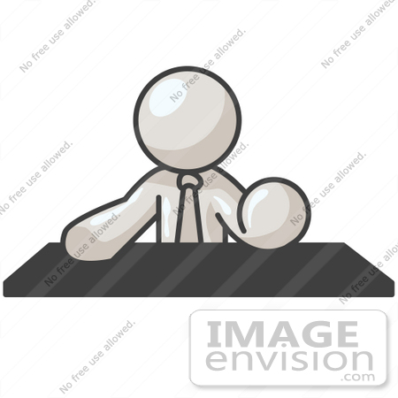 #37465 Clip Art Graphic of a White Guy Character SItting at a Desk by Jester Arts