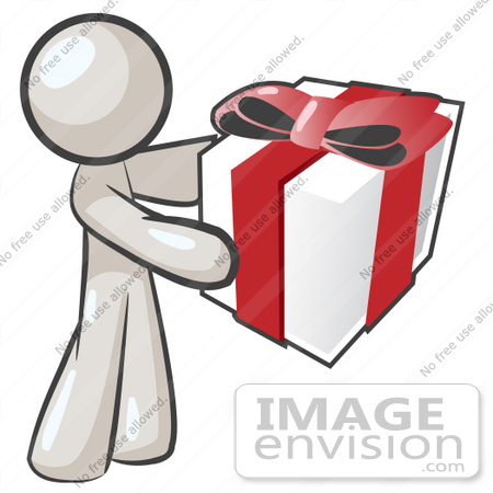 #37471 Clip Art Graphic of a White Guy Character Holding a Gift by Jester Arts