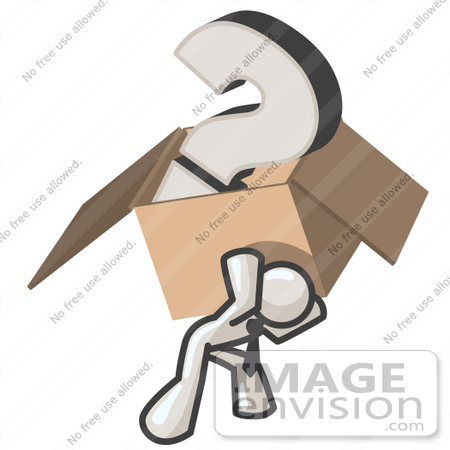#37476 Clip Art Graphic of a White Guy Character Carrying a Box of Questions by Jester Arts