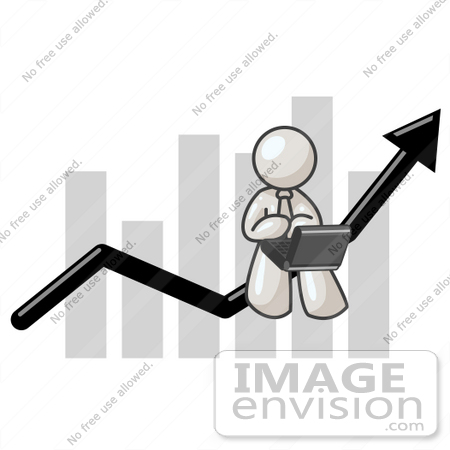 #37481 Clip Art Graphic of a White Guy Character Using a Laptop on a Bar Graph by Jester Arts