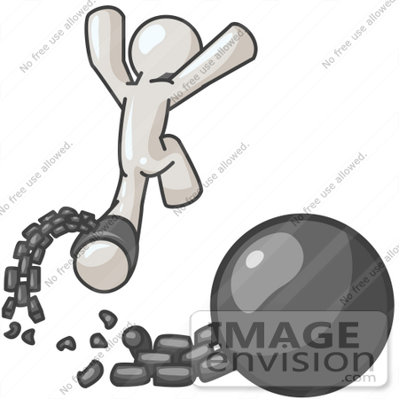 #37490 Clip Art Graphic of a White Guy Character Breaking Free From a Ball and Chain by Jester Arts