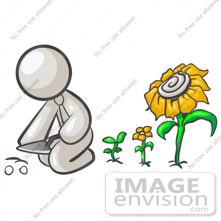 #37491 Clip Art Graphic of a White Guy Character Planting Sunflowers by Jester Arts