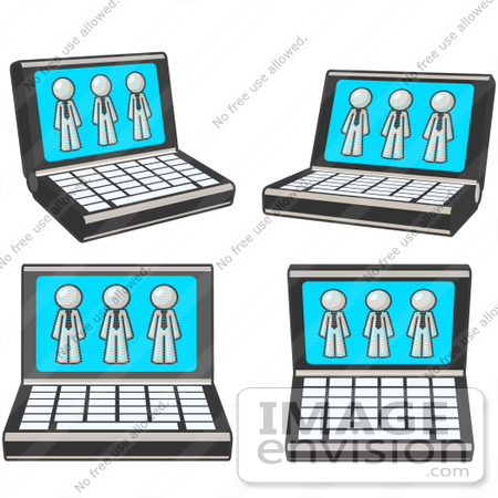 #37509 Clip Art Graphic of a White Guy Character on Laptop Computer Screens by Jester Arts