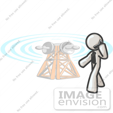 #37517 Clip Art Graphic of a White Guy Character Using a Cell Phone by a Tower by Jester Arts