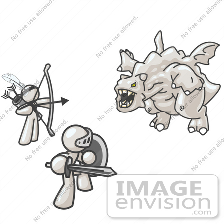 #37534 Clip Art Graphic of White Guy Characters Fighting a Dragon by Jester Arts