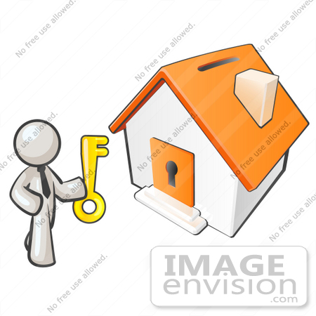 #37539 Clip Art Graphic of a White Guy Character Holding the Key to a House by Jester Arts