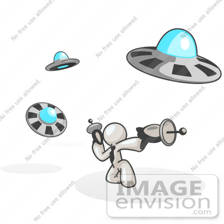 #37558 Clip Art Graphic of a White Guy Character Fighting UFOs by Jester Arts