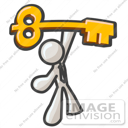 #37582 Clip Art Graphic of a White Guy Character Holding up a Key by Jester Arts