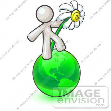 #37598 Clip Art Graphic of a White Guy Character With a Daisy on a Globe by Jester Arts