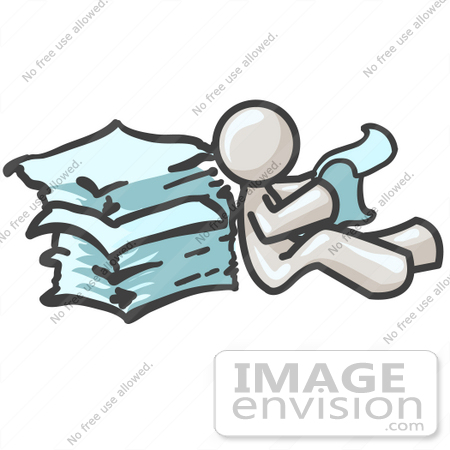 #37599 Clip Art Graphic of a White Guy Character Reading Paperwork by Jester Arts