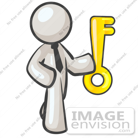 #37606 Clip Art Graphic of a White Guy Character Holding a Key by Jester Arts