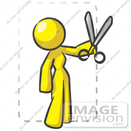 #37684 Clip Art Graphic of a Yellow Lady Character Cutting Coupons by Jester Arts