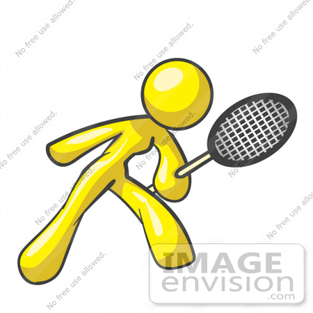 #37686 Clip Art Graphic of a Yellow Lady Character Playing Tennis by Jester Arts