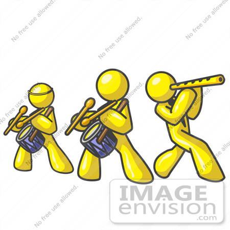 #37692 Clip Art Graphic of Yellow Guy Characters Playing Flutes and Drums in a Band by Jester Arts