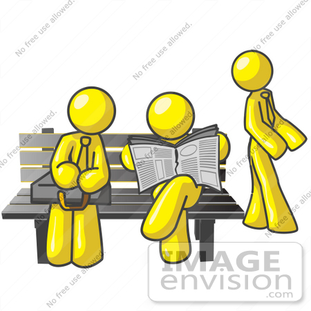 #37694 Clip Art Graphic of Yellow Guy Characters Waiting at a Bus Stop by Jester Arts