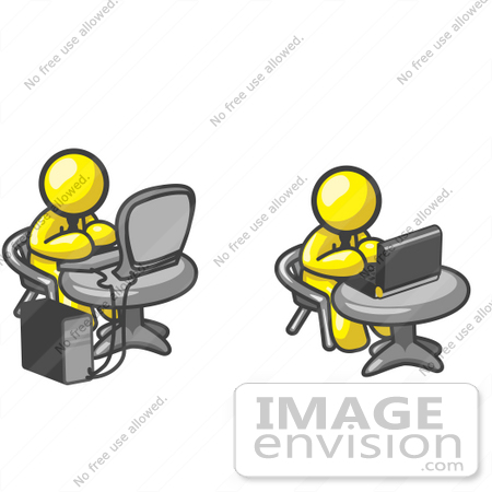 #37696 Clip Art Graphic of Yellow Guy Characters Working on Laptops and Desktops by Jester Arts
