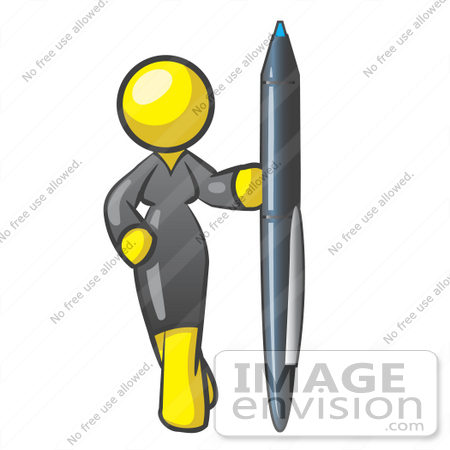 #37701 Clip Art Graphic of a Yellow Lady Character Standing With a Pen by Jester Arts