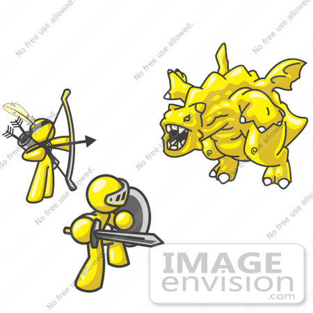 #37702 Clip Art Graphic of Yellow Guy Characters Fighting a Dragon by Jester Arts