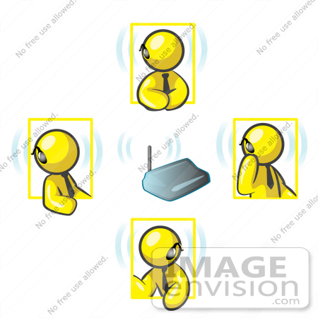 #37704 Clip Art Graphic of Yellow Guy Characters Wearing Bluetooth Headsets During a Meeting by Jester Arts