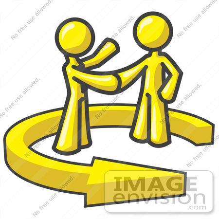 #37706 Clip Art Graphic of Yellow Guy Characters in an Arrow, Shaking Hands by Jester Arts