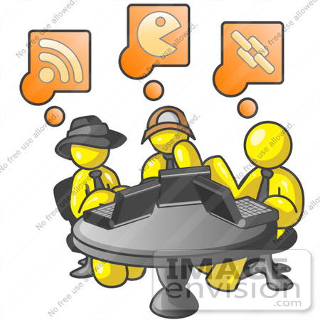 #37710 Clip Art Graphic of Yellow Guy Characters Using Laptops in an Internet Cafe by Jester Arts