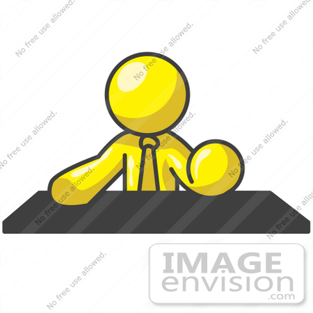 #37717 Clip Art Graphic of a Yellow Guy Character Sitting at a Desk by Jester Arts