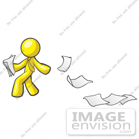 #37720 Clip Art Graphic of a Yellow Guy Character Dropping Papers by Jester Arts