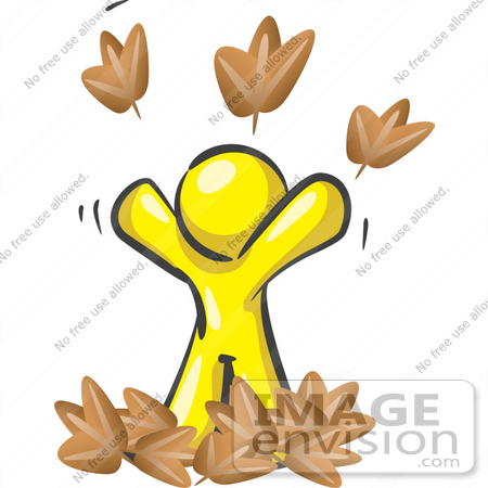#37721 Clip Art Graphic of a Yellow Guy Character Playing in Leaves by Jester Arts