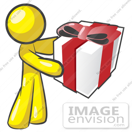 #37722 Clip Art Graphic of a Yellow Guy Character Holding a Gift by Jester Arts
