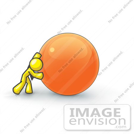 #37723 Clip Art Graphic of a Yellow Guy Character Pushing an Orange Orb by Jester Arts