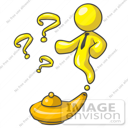 #37725 Clip Art Graphic of a Yellow Guy Character Emerging From a Genie Lamp by Jester Arts